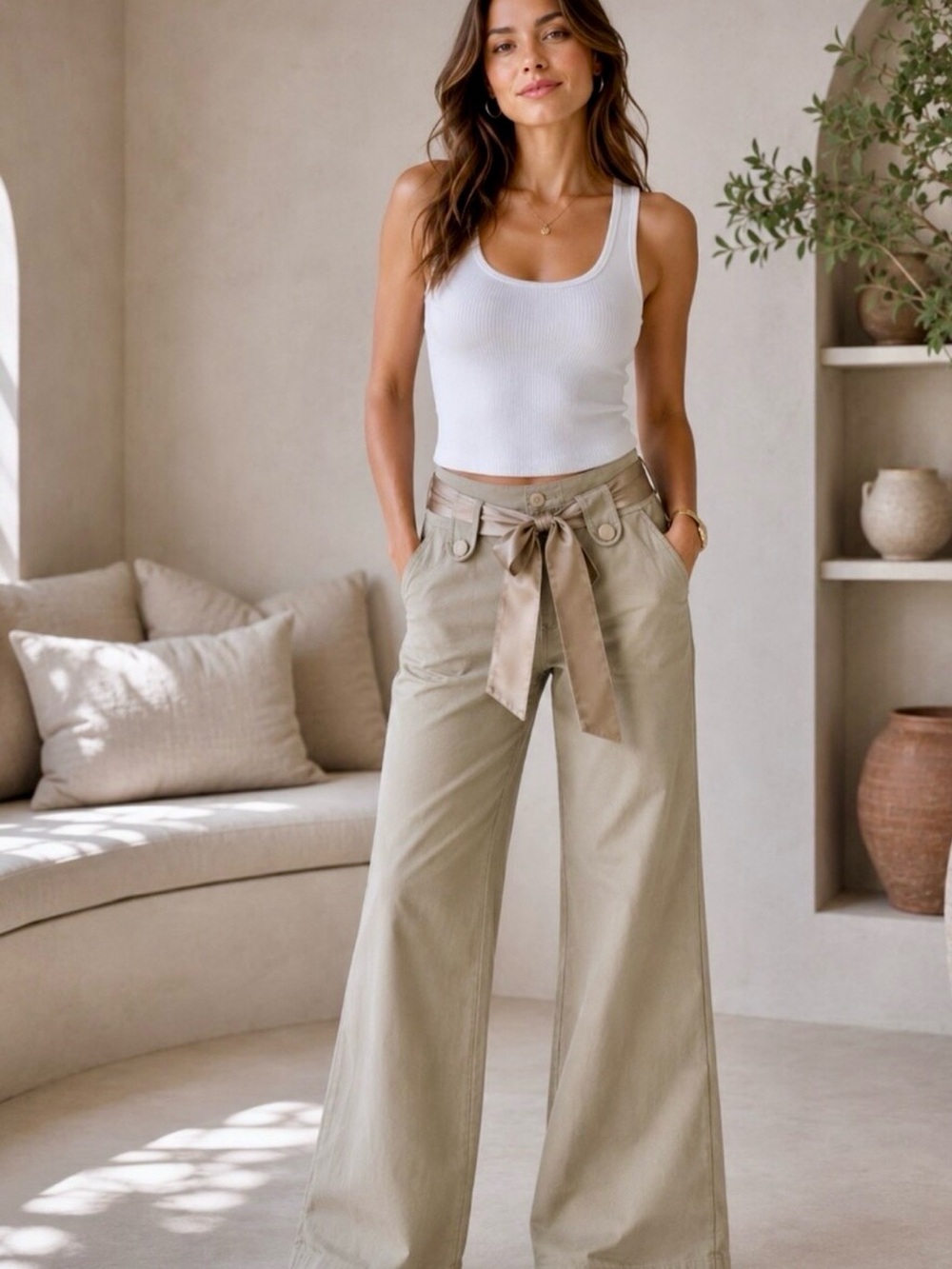 Twill Twenty Two White Off/White Women's Wide Leg Jeans W/ Satin Belt.